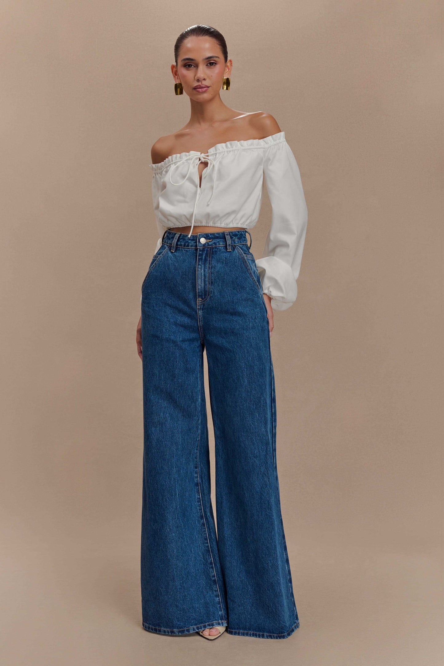 ROF Salome Düşük Omuz Crop Top - Beyaz