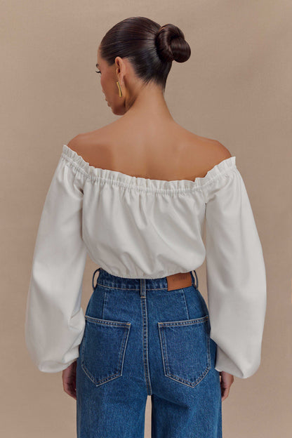 ROF Salome Düşük Omuz Crop Top - Beyaz