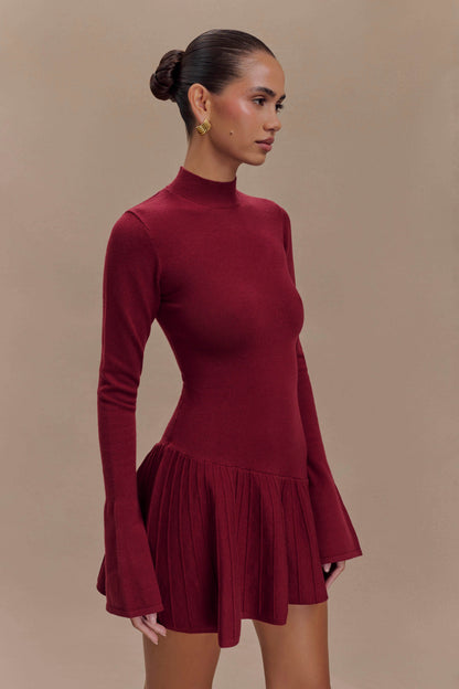 ROF Blair Pileli Örgü Mini Elbise - Merlot