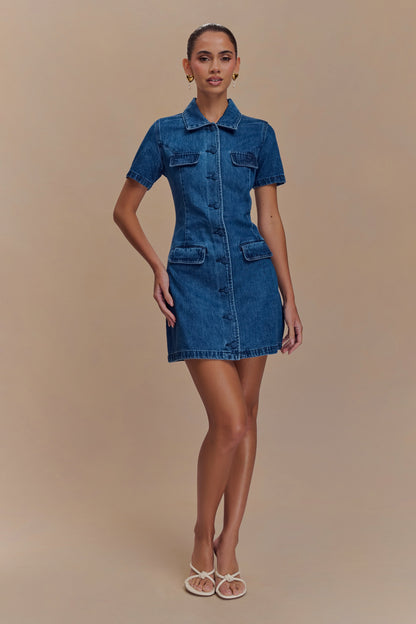 ROF Leighton Denim Düğmeli Mini Elbise - Koyu Mavi