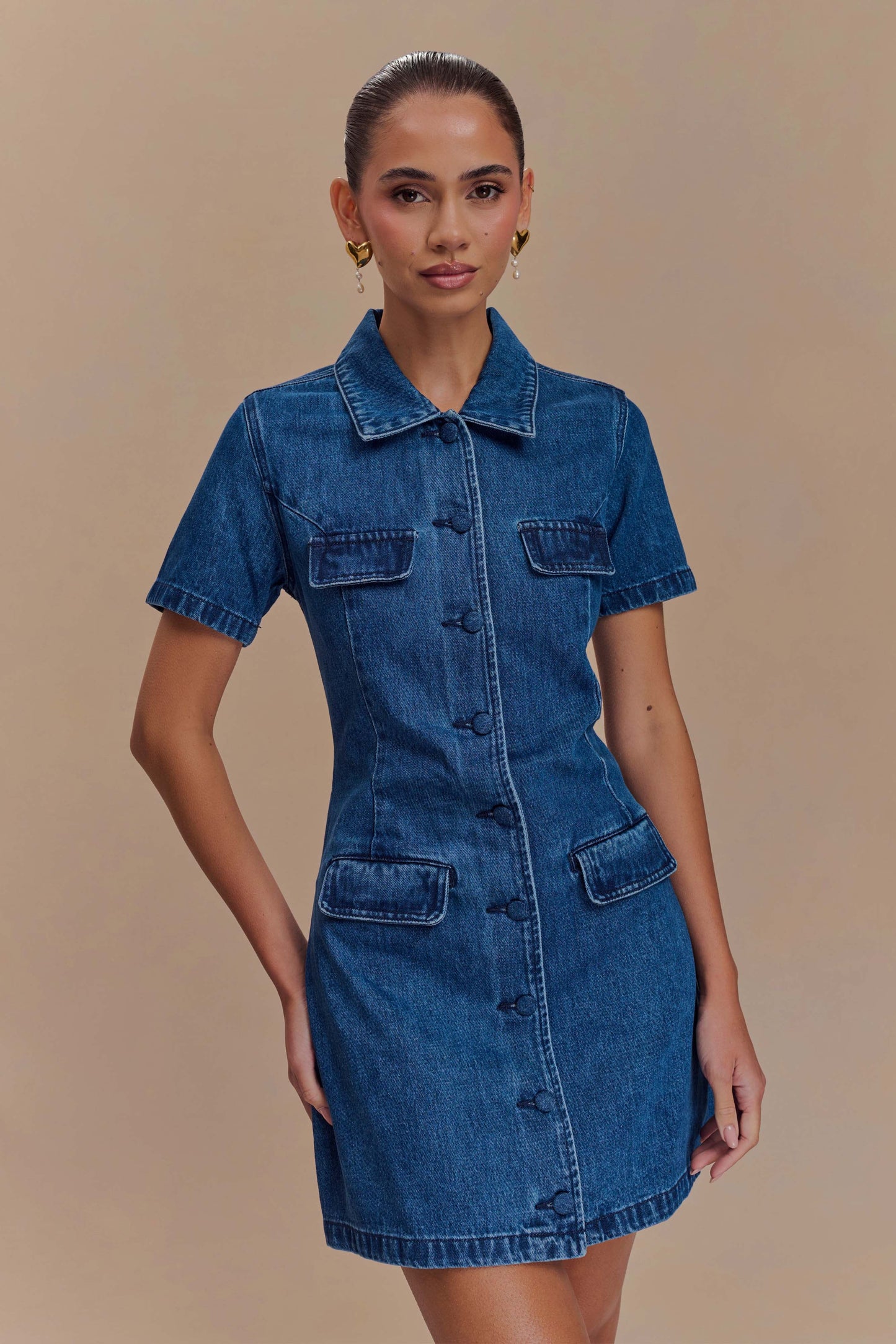 ROF Leighton Denim Düğmeli Mini Elbise - Koyu Mavi