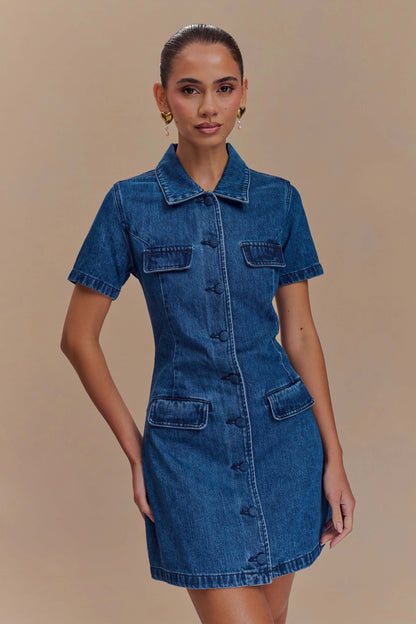 ROF Leighton Denim Düğmeli Mini Elbise - Koyu Mavi