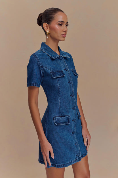 ROF Leighton Denim Düğmeli Mini Elbise - Koyu Mavi