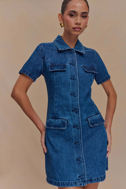 ROF Leighton Denim Düğmeli Mini Elbise - Koyu Mavi