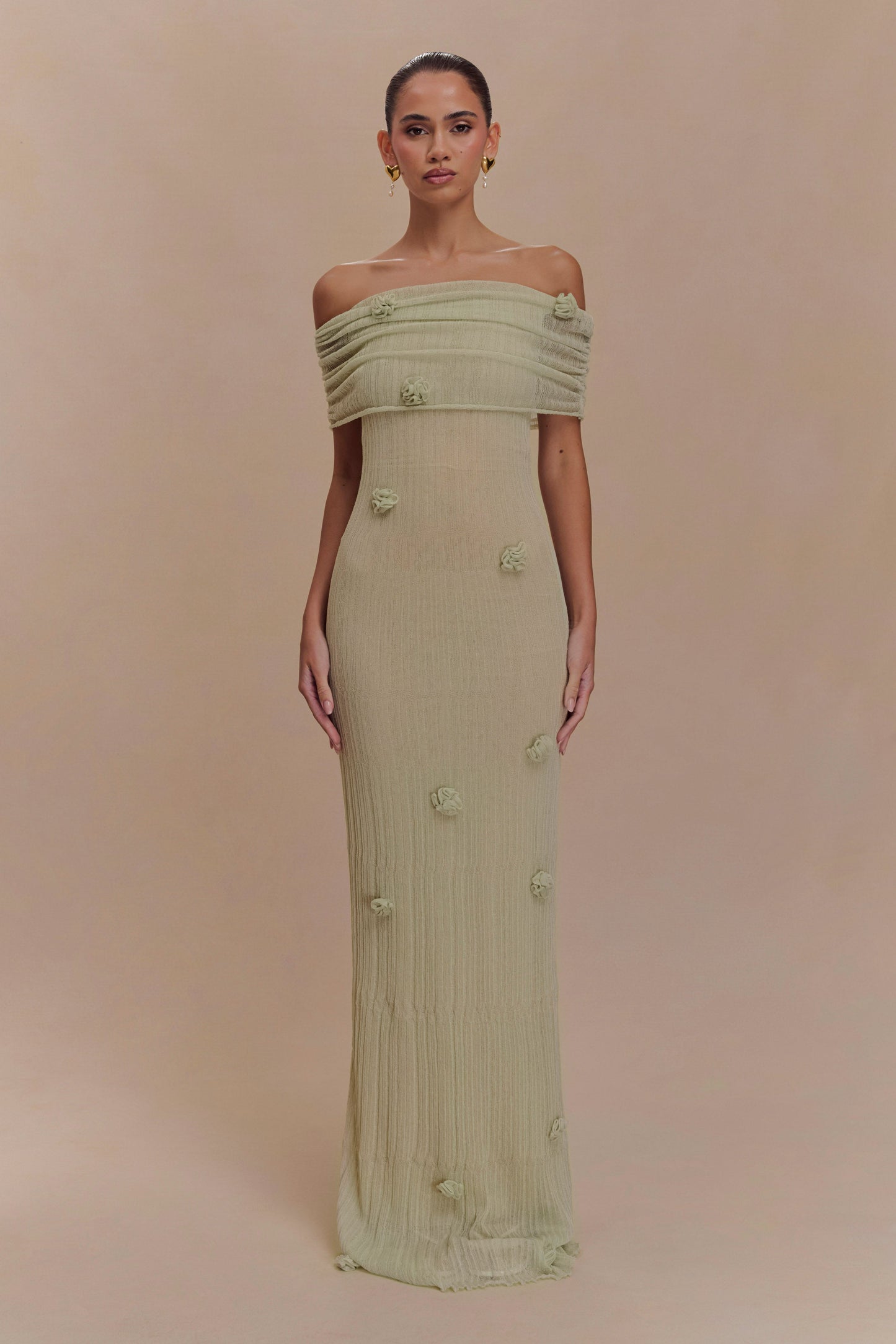 ROF Brynn Orkide Örgü Maxi Elbise - Pastel Yeşil