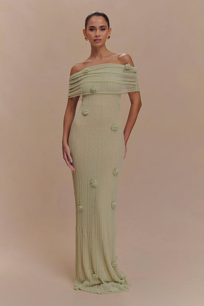 ROF Brynn Orkide Örgü Maxi Elbise - Pastel Yeşil