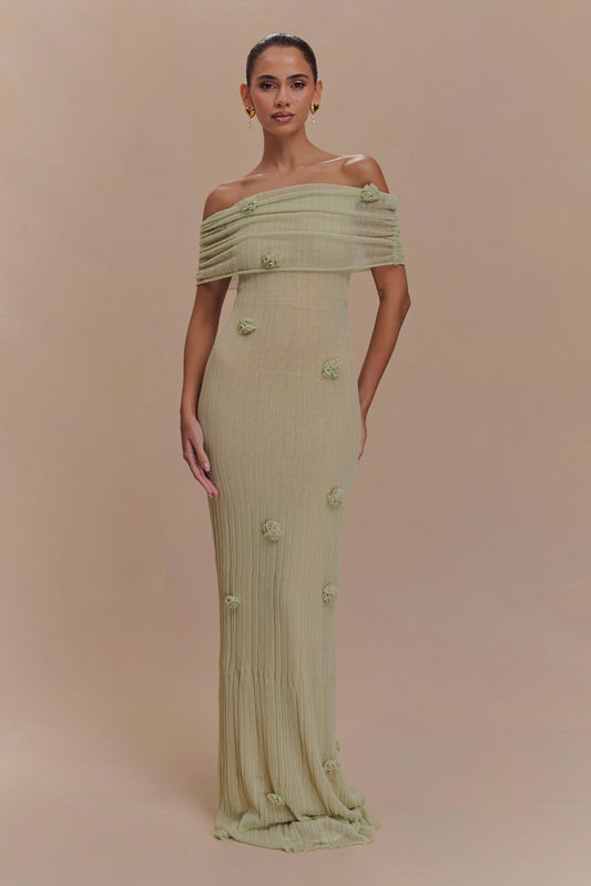 ROF Brynn Orkide Örgü Maxi Elbise - Pastel Yeşil
