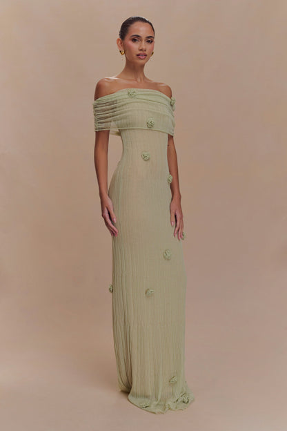 ROF Brynn Orkide Örgü Maxi Elbise - Pastel Yeşil