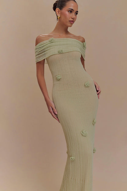 ROF Brynn Orkide Örgü Maxi Elbise - Pastel Yeşil