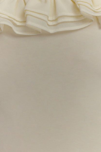 ROF Nova Fırfırlı Düşük Omuz Uzun Elbise - Fildişi
