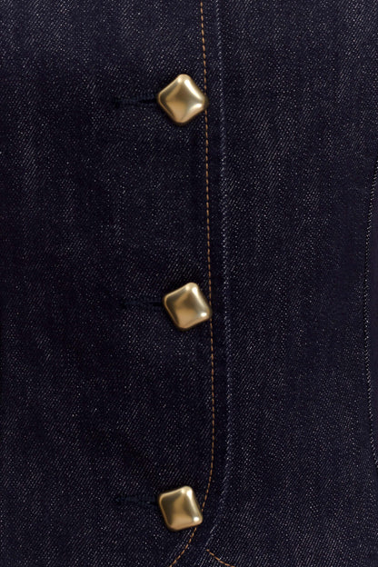 ROF Bethany Kısa Kollu Düğmeli Denim Üst - Yıkanmış İndigo Mavi
