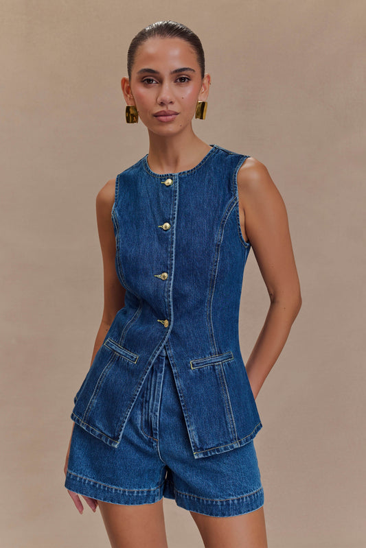 ROF Abel Denim Düğmeli Üst - Koyu Mavi