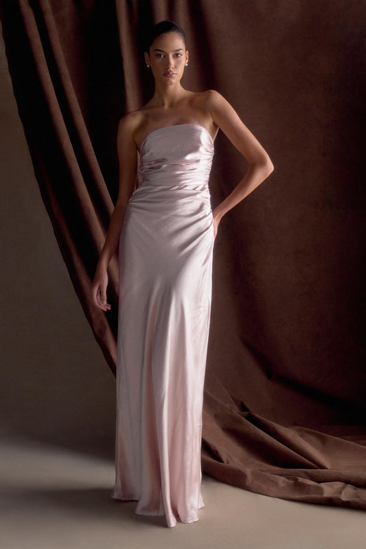 ROF Sedir Straplez Saten Maxi Elbise - Soft Pembe