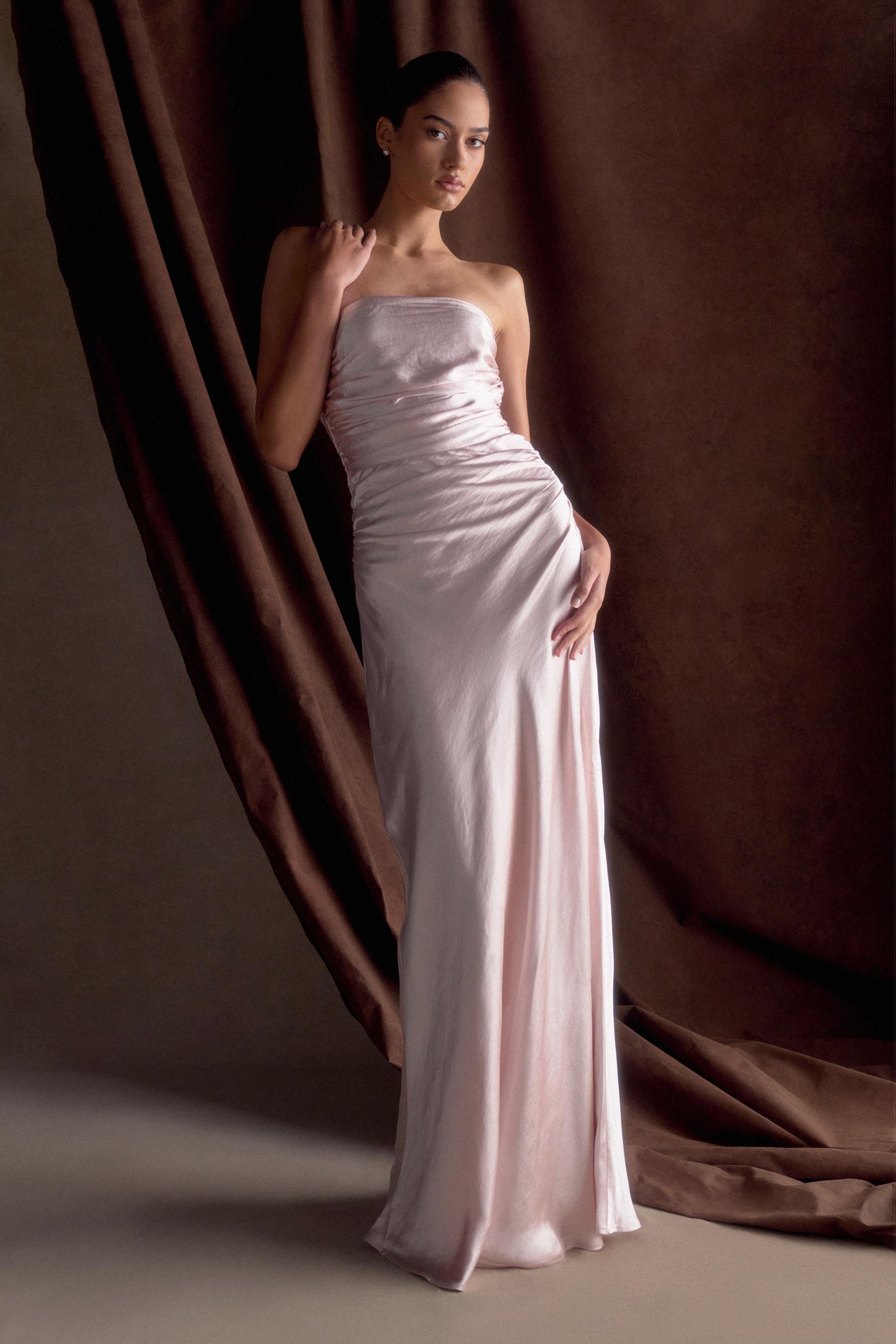 ROF Sedir Straplez Saten Maxi Elbise - Soft Pembe