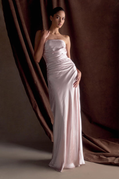 ROF Sedir Straplez Saten Maxi Elbise - Soft Pembe