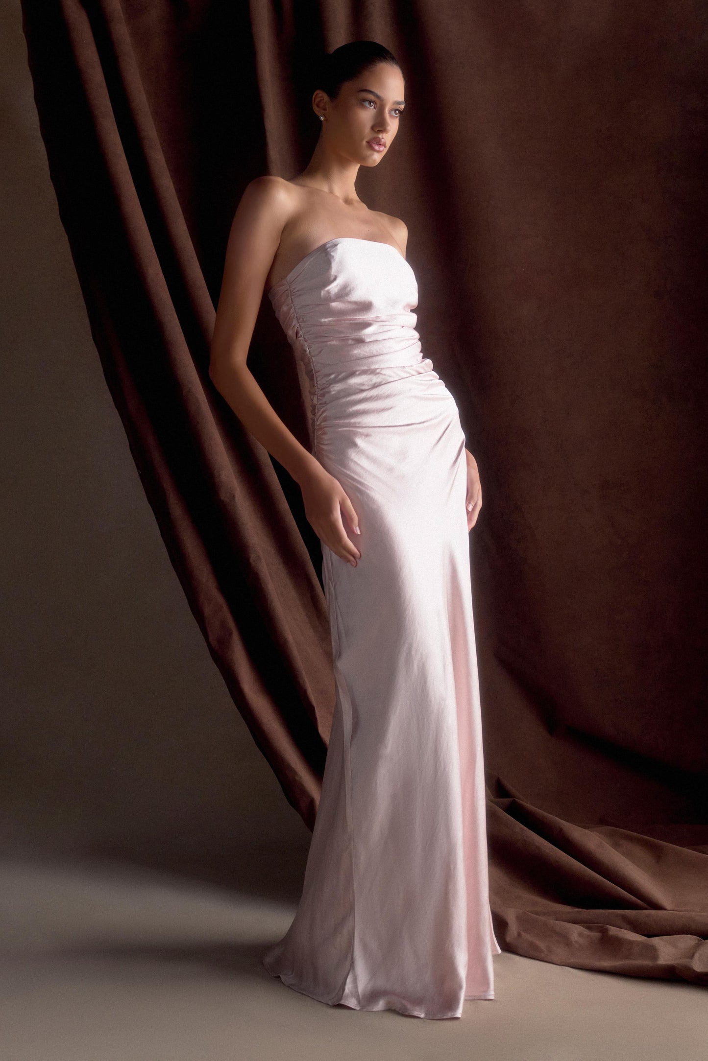 ROF Sedir Straplez Saten Maxi Elbise - Soft Pembe