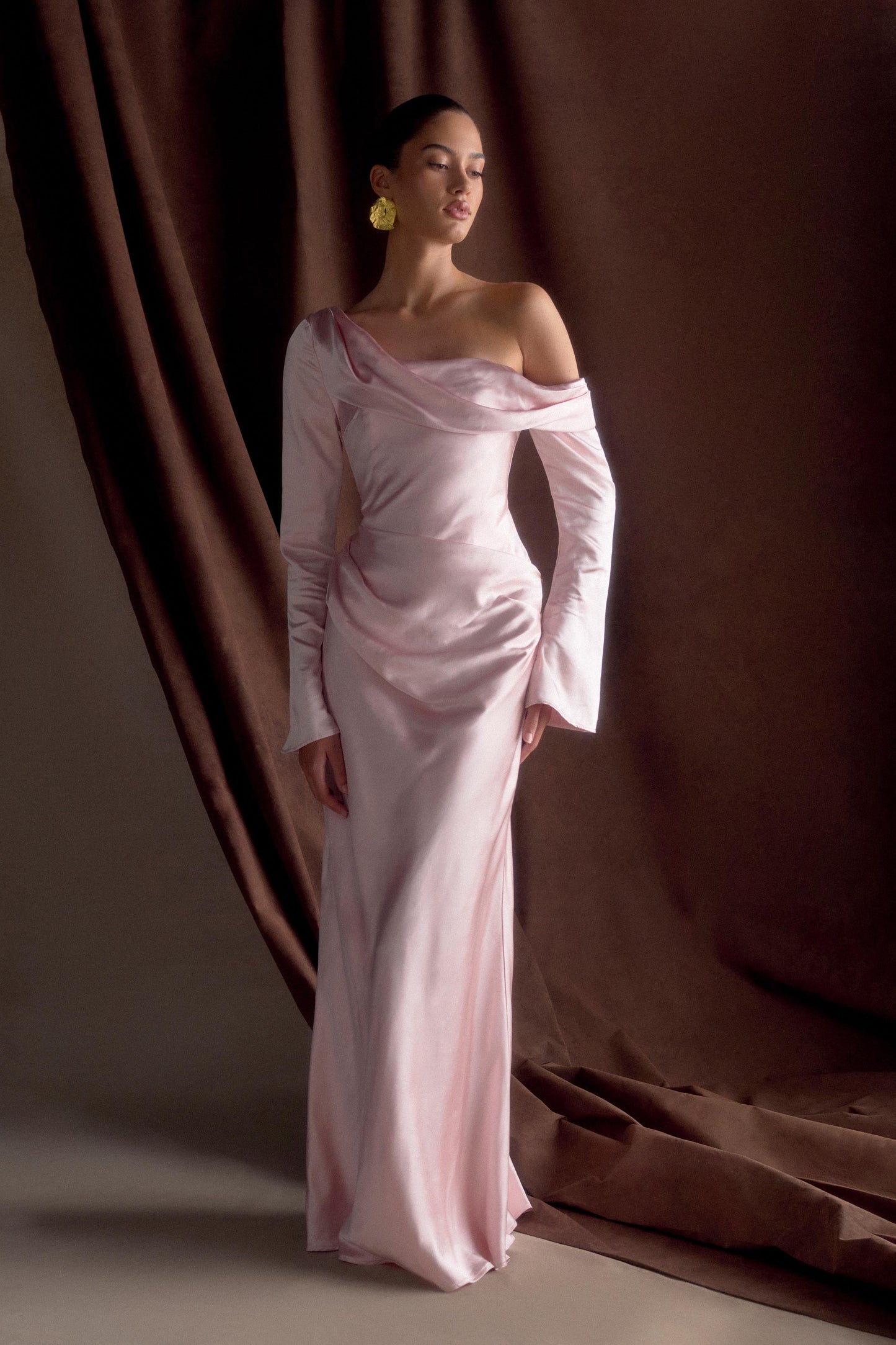 ROF Iris Uzun Kol Saten Maxi Elbise - Soft Pembe