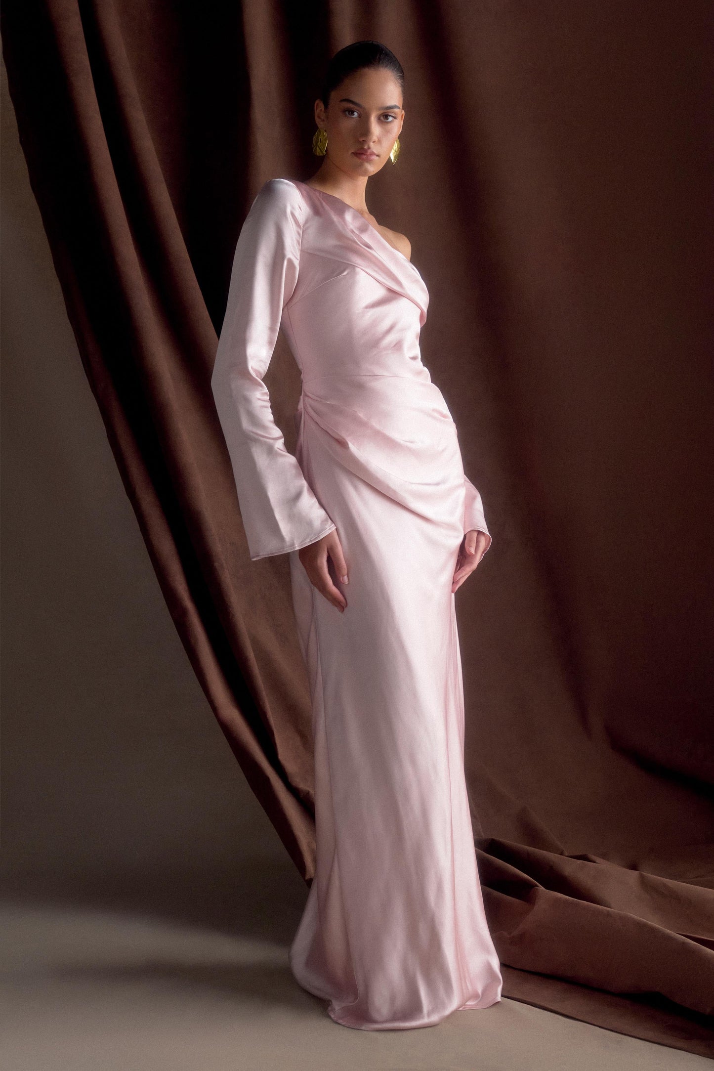 ROF Iris Uzun Kol Saten Maxi Elbise - Soft Pembe
