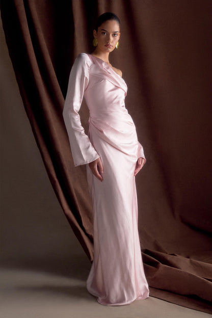 ROF Iris Uzun Kol Saten Maxi Elbise - Soft Pembe