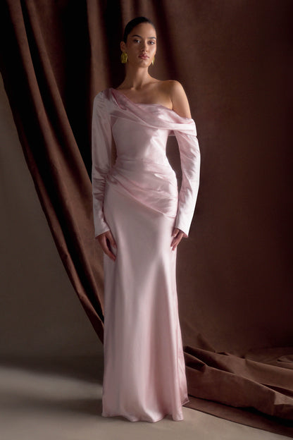 ROF Iris Uzun Kol Saten Maxi Elbise - Soft Pembe