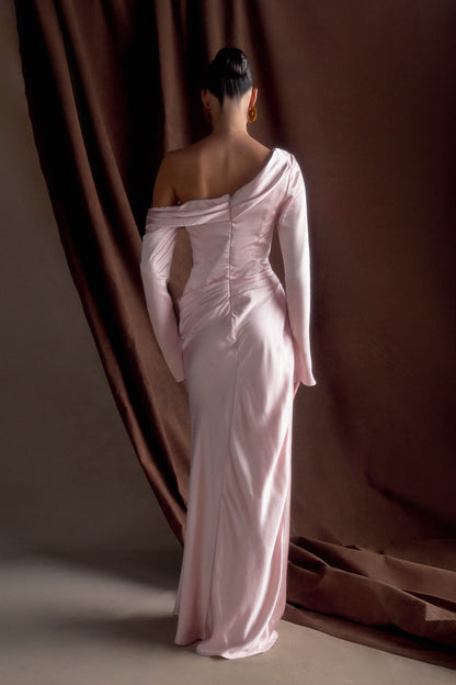 ROF Iris Uzun Kol Saten Maxi Elbise - Soft Pembe