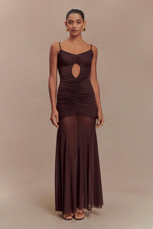 ROF Delaney Slinky Ve Mesh Maxi Elbise - Çikolata