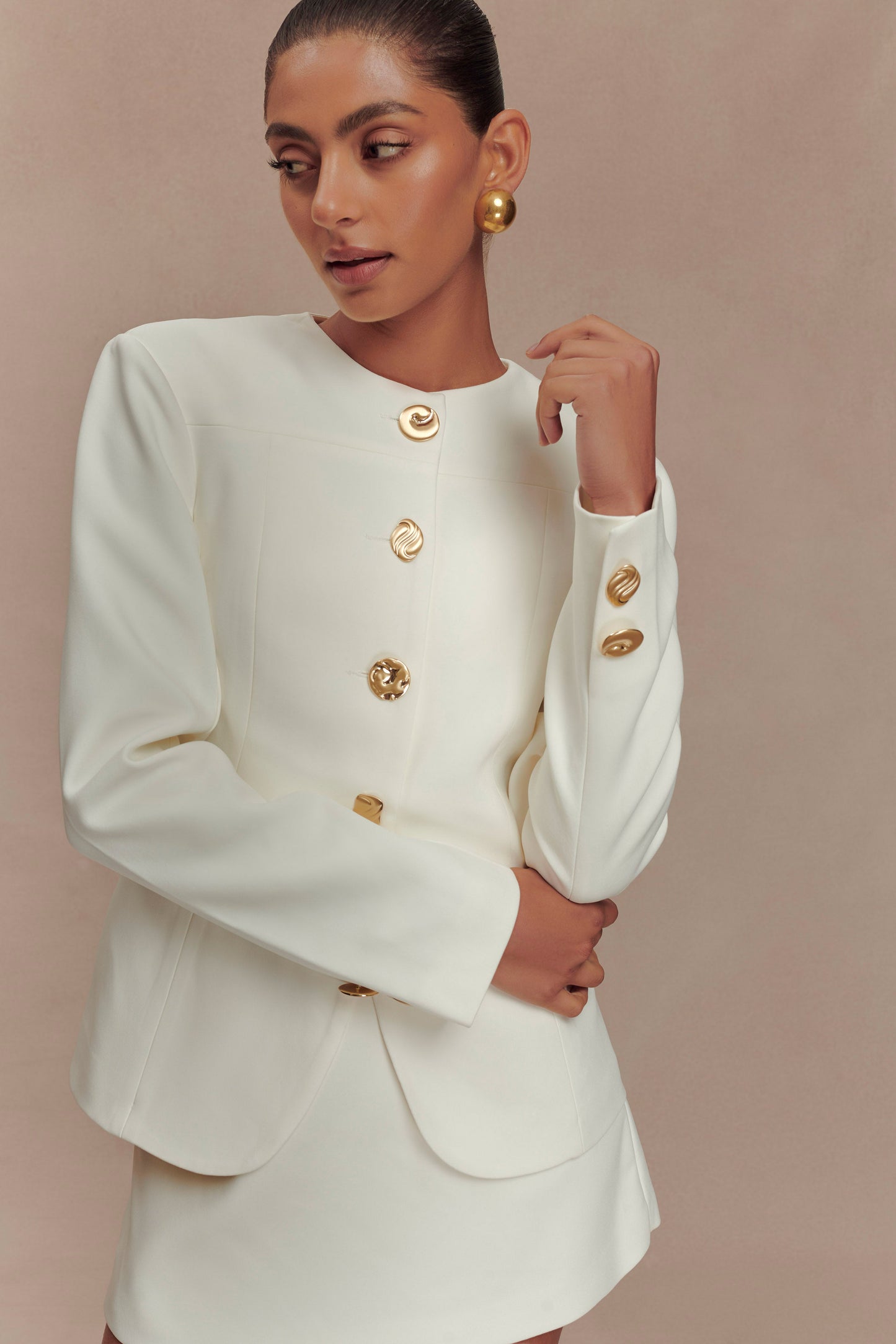 ROF Asya Karışık Düğme Blazer - Fildişi