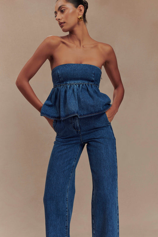 ROF Pauline Straplez Denim Üst - 90'Lar Mavi