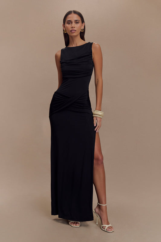 ROF Henley Slinky Drape Maxi Elbise - Siyah