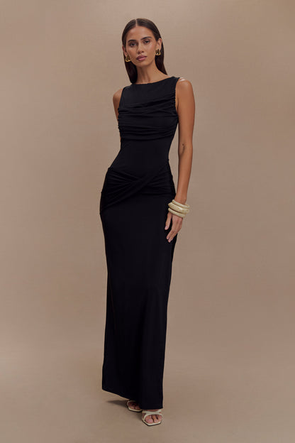 ROF Henley Slinky Drape Maxi Elbise - Siyah