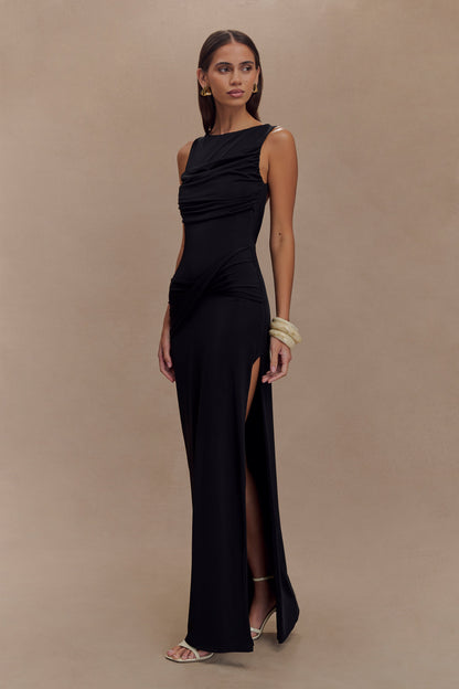 ROF Henley Slinky Drape Maxi Elbise - Siyah