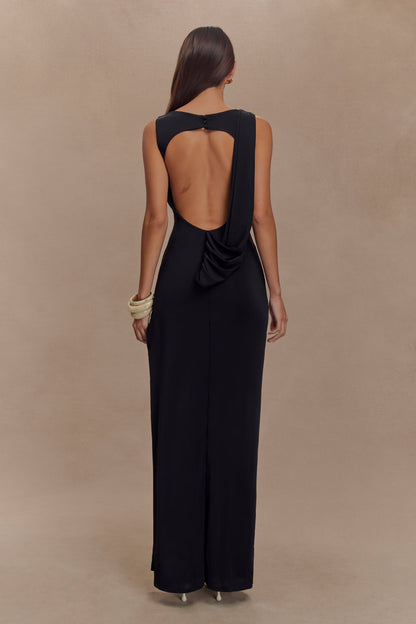 ROF Henley Slinky Drape Maxi Elbise - Siyah