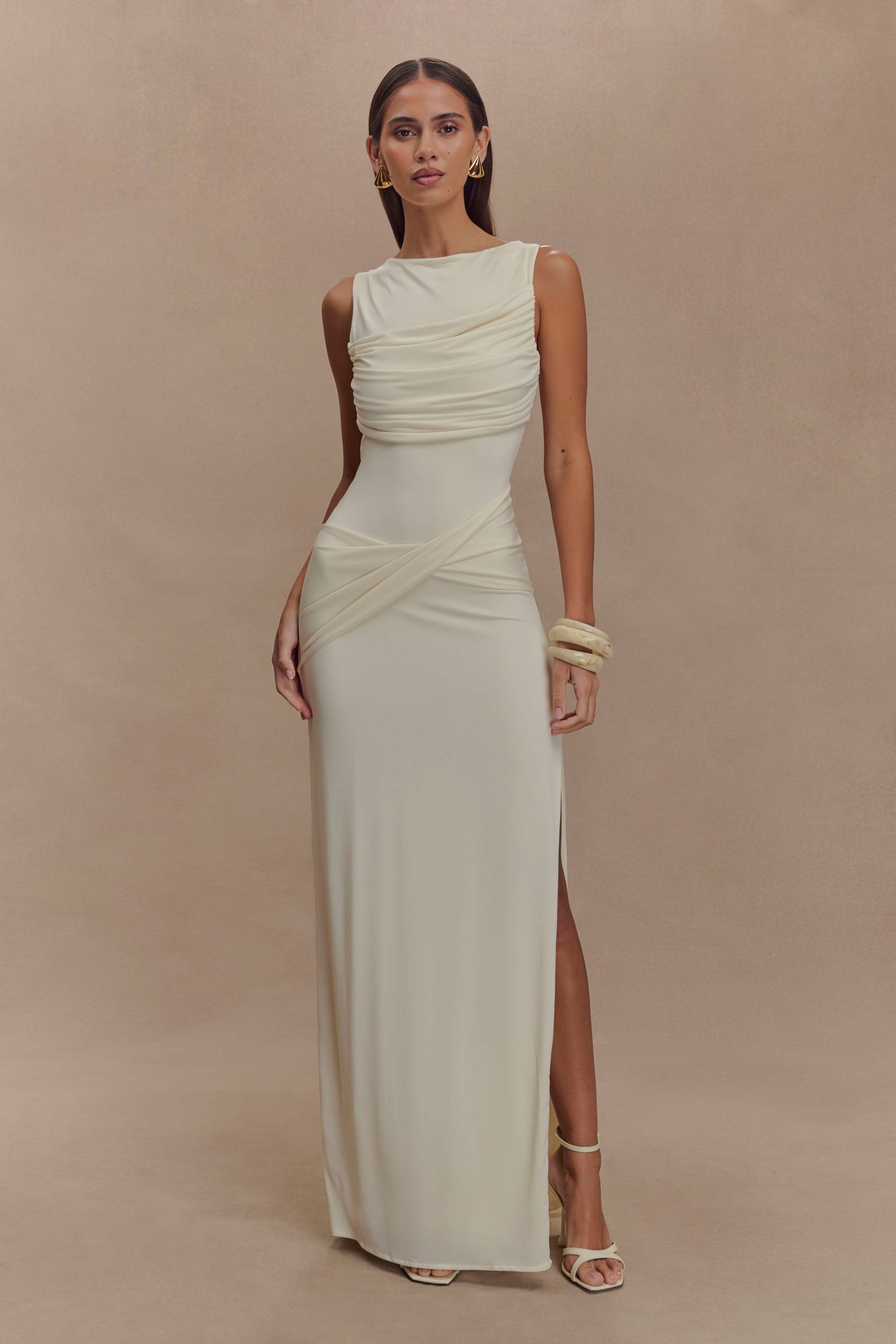 ROF Henley Slinky Drape Maxi Elbise - Fildişi