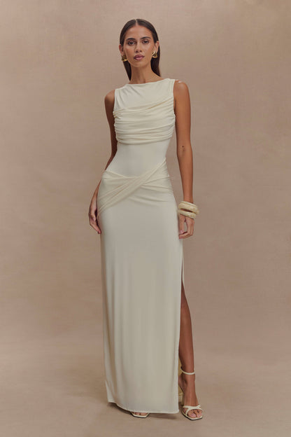ROF Henley Slinky Drape Maxi Elbise - Fildişi