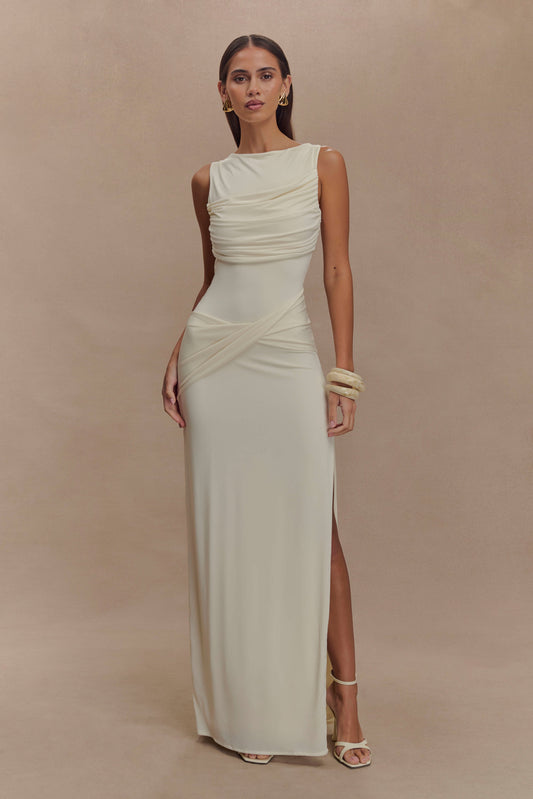 ROF Henley Slinky Drape Maxi Elbise - Fildişi