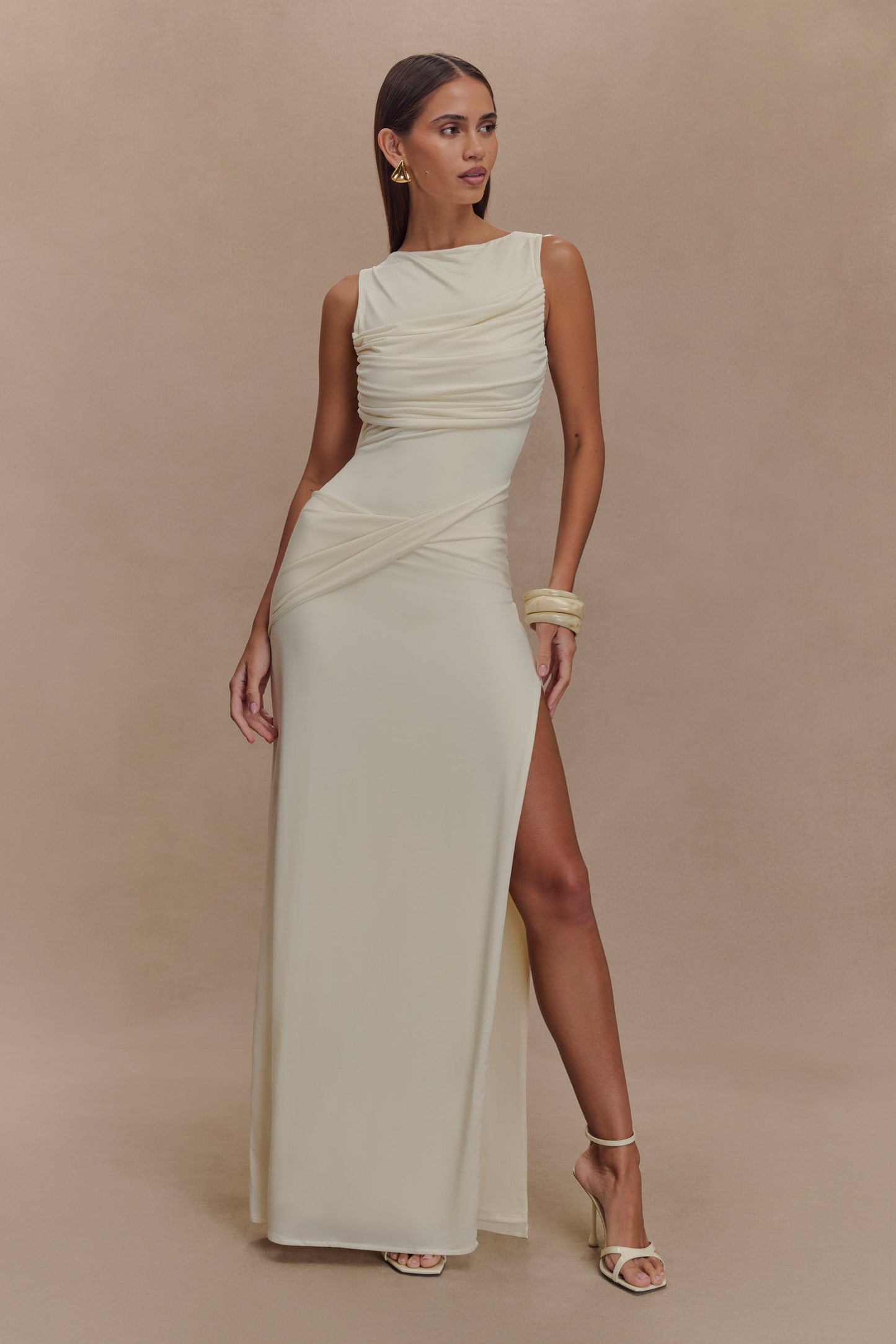 ROF Henley Slinky Drape Maxi Elbise - Fildişi