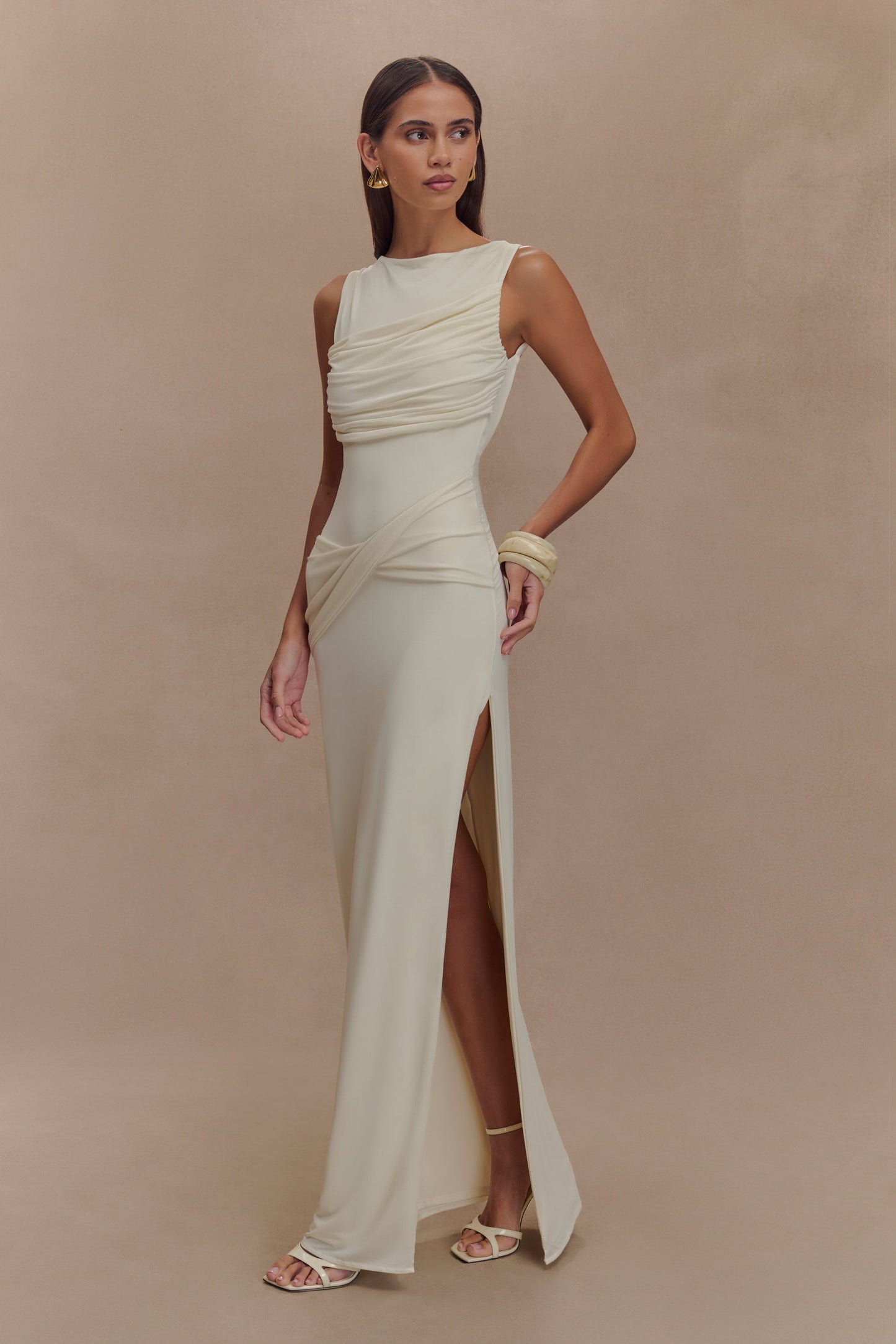 ROF Henley Slinky Drape Maxi Elbise - Fildişi