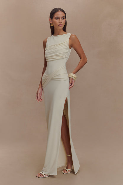 ROF Henley Slinky Drape Maxi Elbise - Fildişi