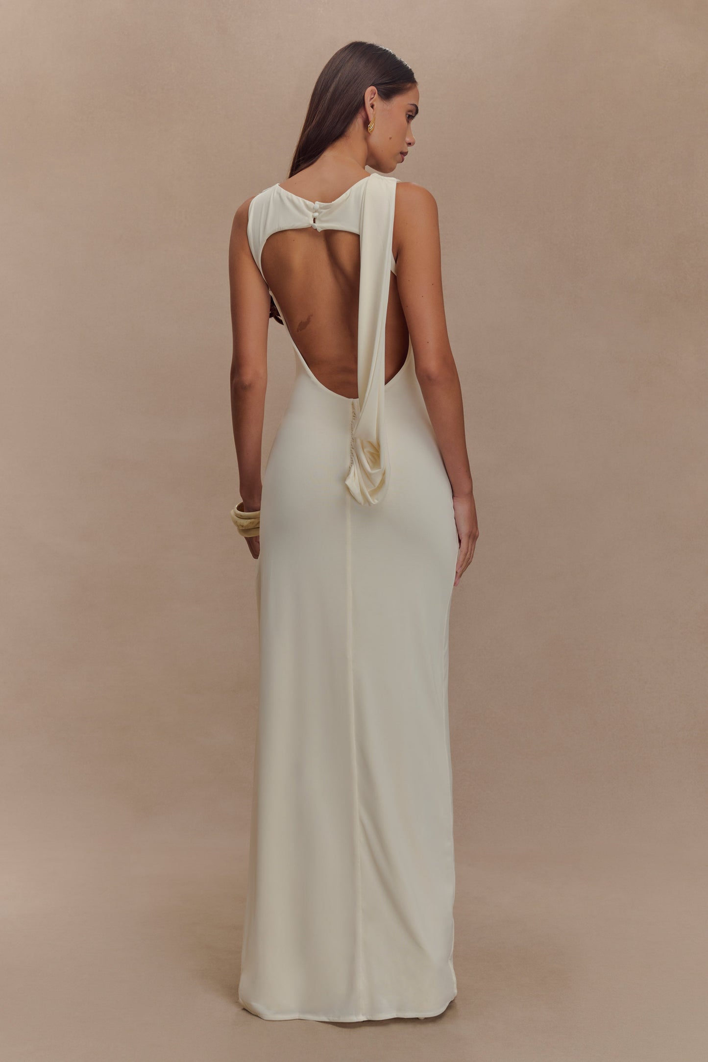 ROF Henley Slinky Drape Maxi Elbise - Fildişi
