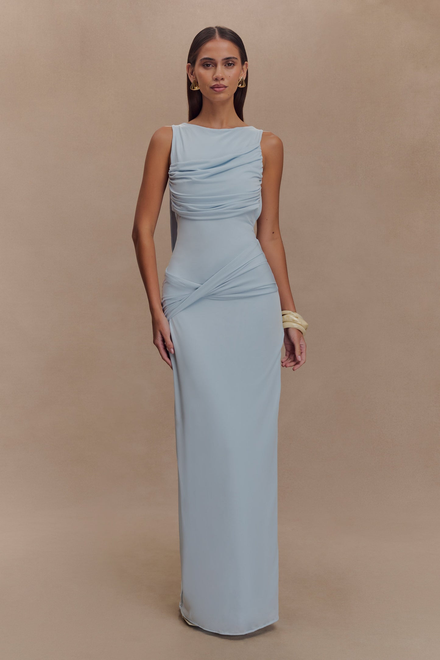 ROF Henley Slinky Drape Maxi Elbise - Soluk Mavi