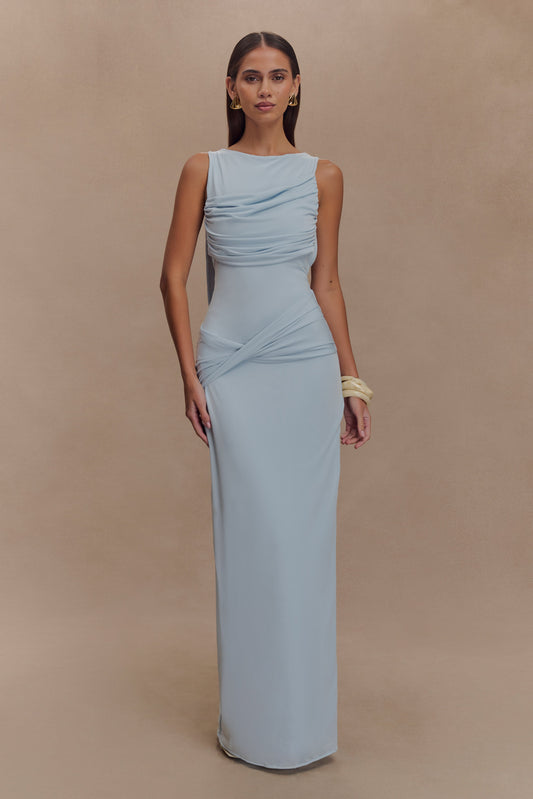 ROF Henley Slinky Drape Maxi Elbise - Soluk Mavi
