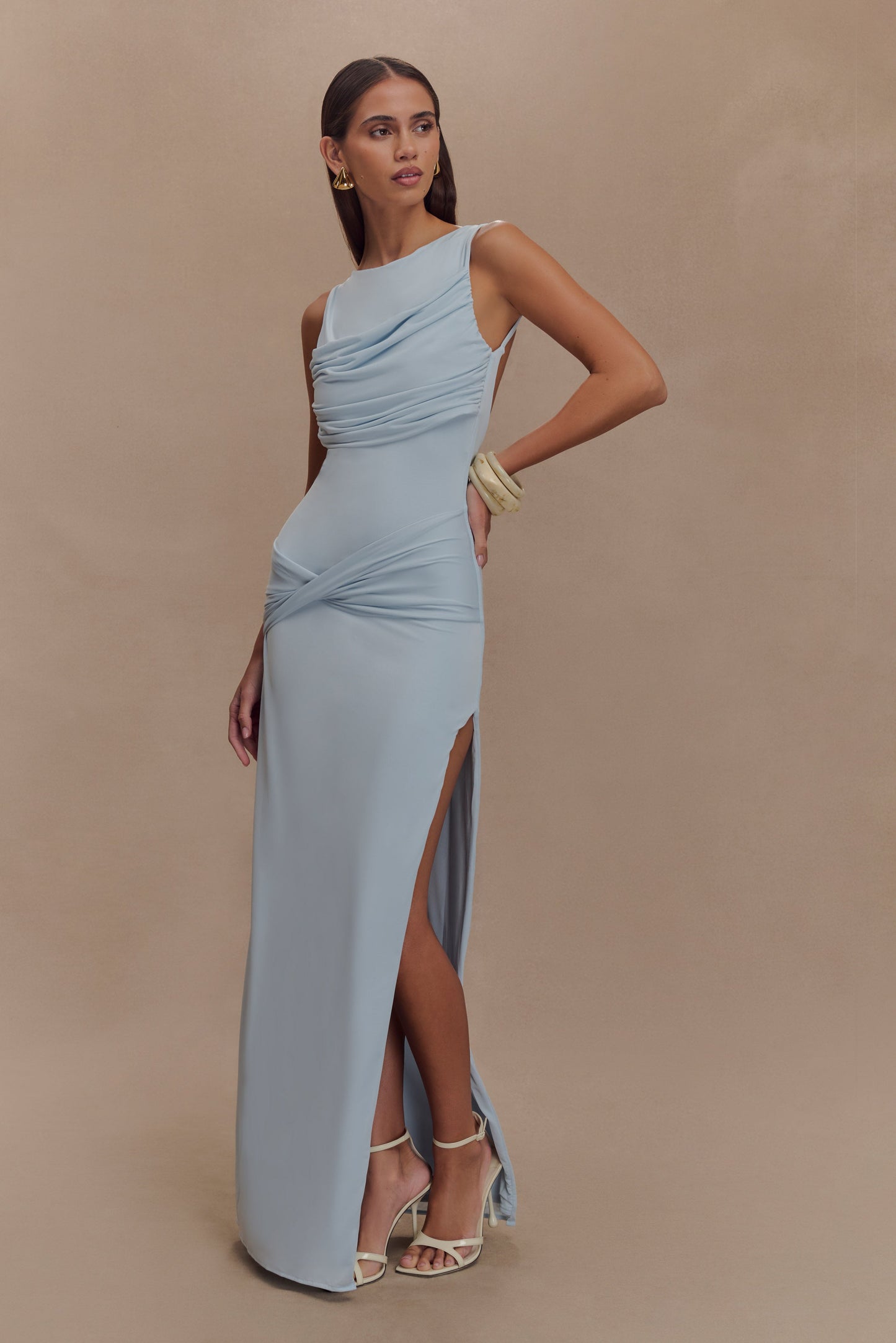 ROF Henley Slinky Drape Maxi Elbise - Soluk Mavi