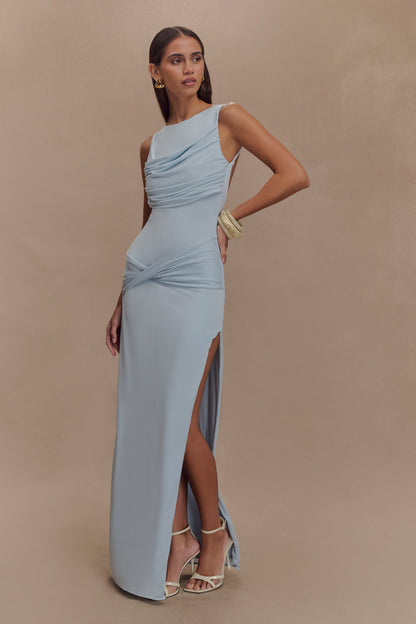 ROF Henley Slinky Drape Maxi Elbise - Soluk Mavi