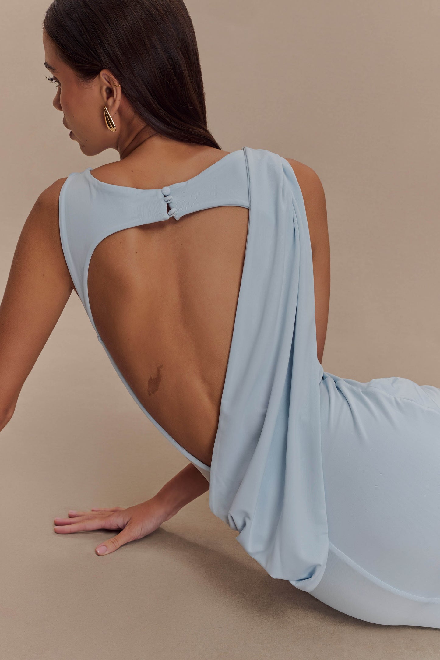 ROF Henley Slinky Drape Maxi Elbise - Soluk Mavi