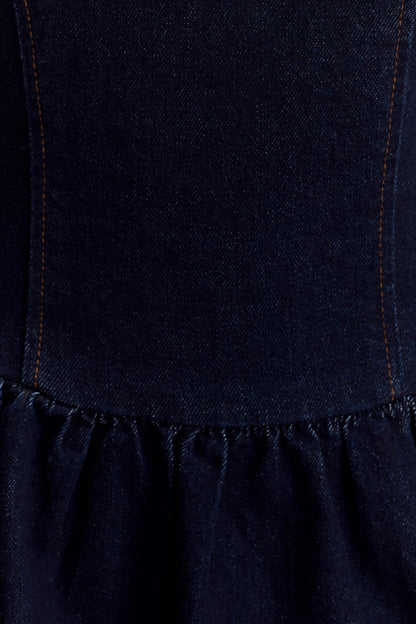 ROF Caroline Denim Boyundan Bağlamalı Midi Elbise - İndigo Mavi