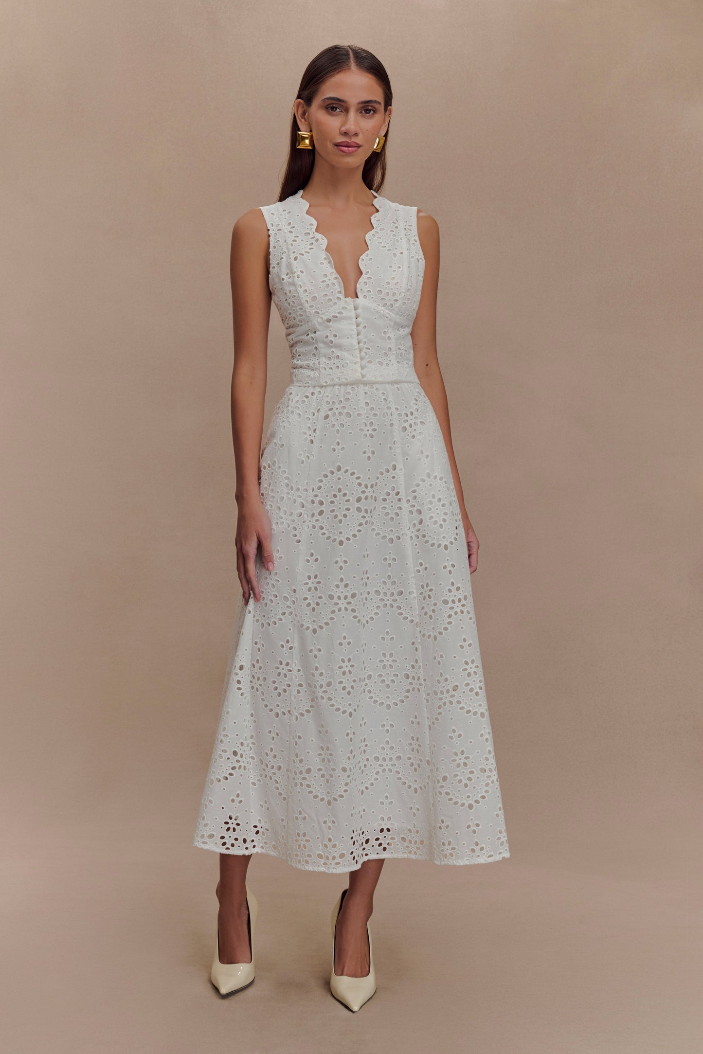 ROF Arla Broderie Midi Etek - Beyaz