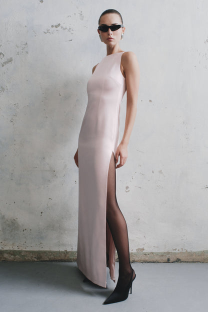 ROF Mor Kolsuz Saten Maxi Elbise - Soft Pembe