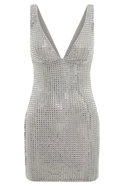 ROF Ryann Aynalı Diamante Mini Elbise - Gümüş
