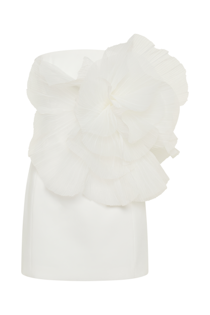 ROF Victoria Oversize Çiçekli Straplez Mini Elbise - Beyaz
