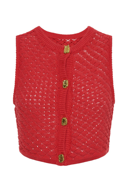 ROF Lorenza Tığ İşi Düğmeli Crop Top - Nar